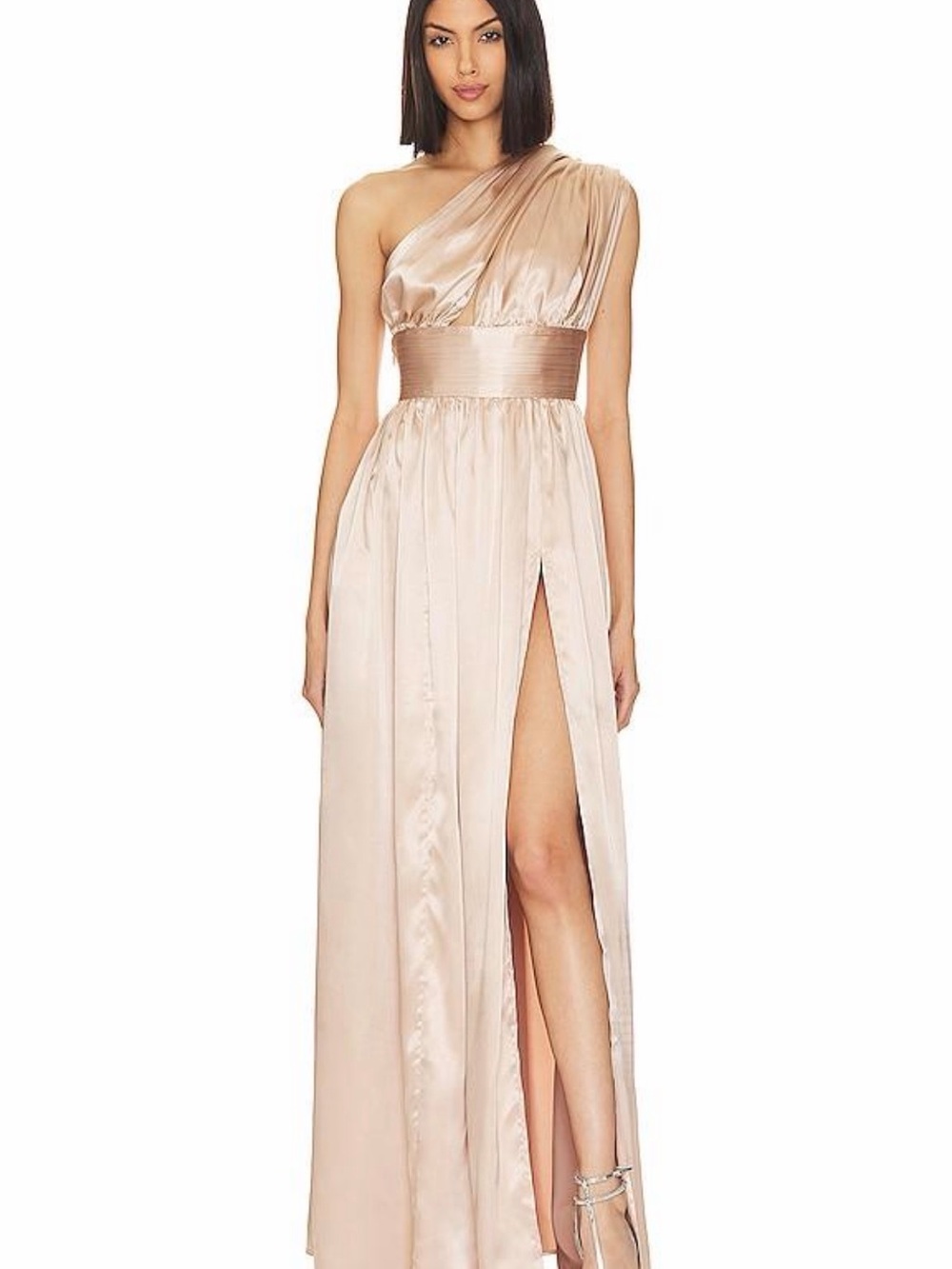 One-Shoulder Blush Satin Evening Gown
